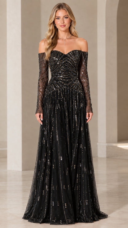Front view of black off-the-shoulder sequin embellished evening gown