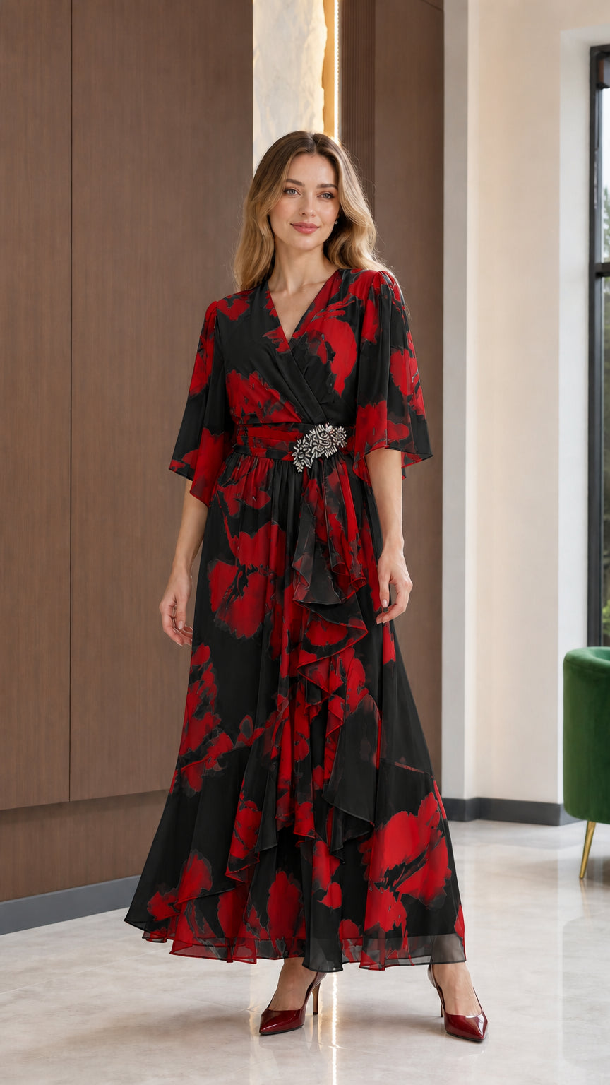 Black floral print surplice maxi dress with crystal embellishment