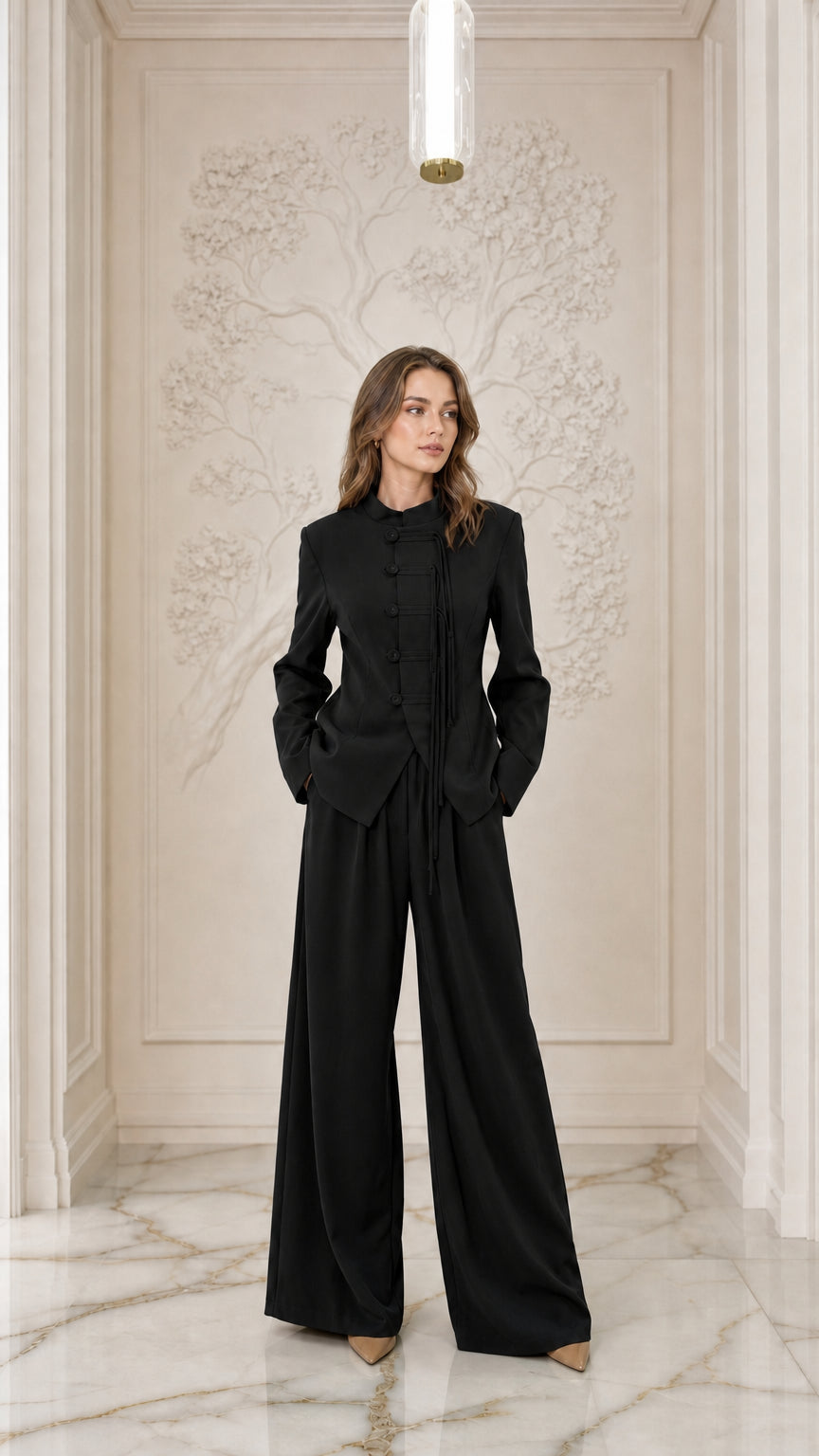 Full-length view of woman wearing Black mandarin collar pant suit set
