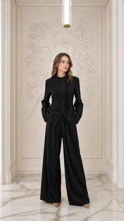 Full-length view of woman wearing Black mandarin collar pant suit set