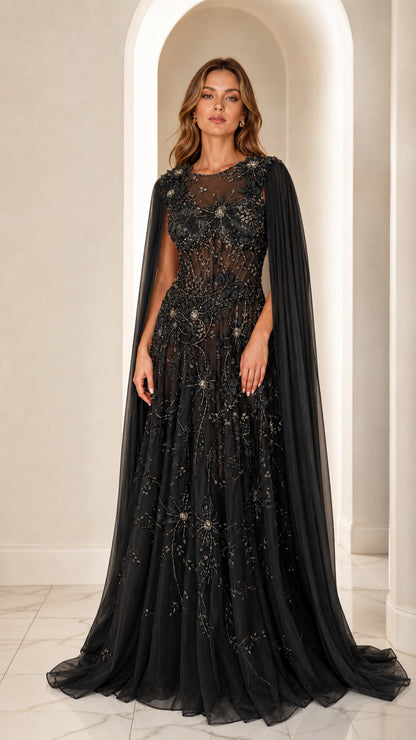 Black embellished cape sleeve formal evening gown