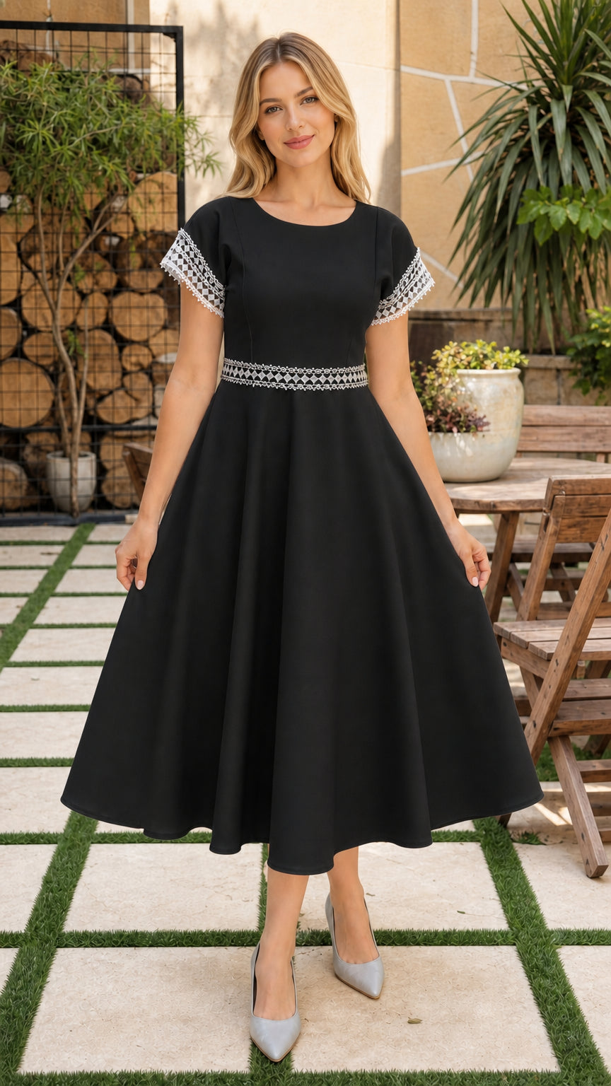 Model wearing classic black short sleeve crochet trim A-line midi dress