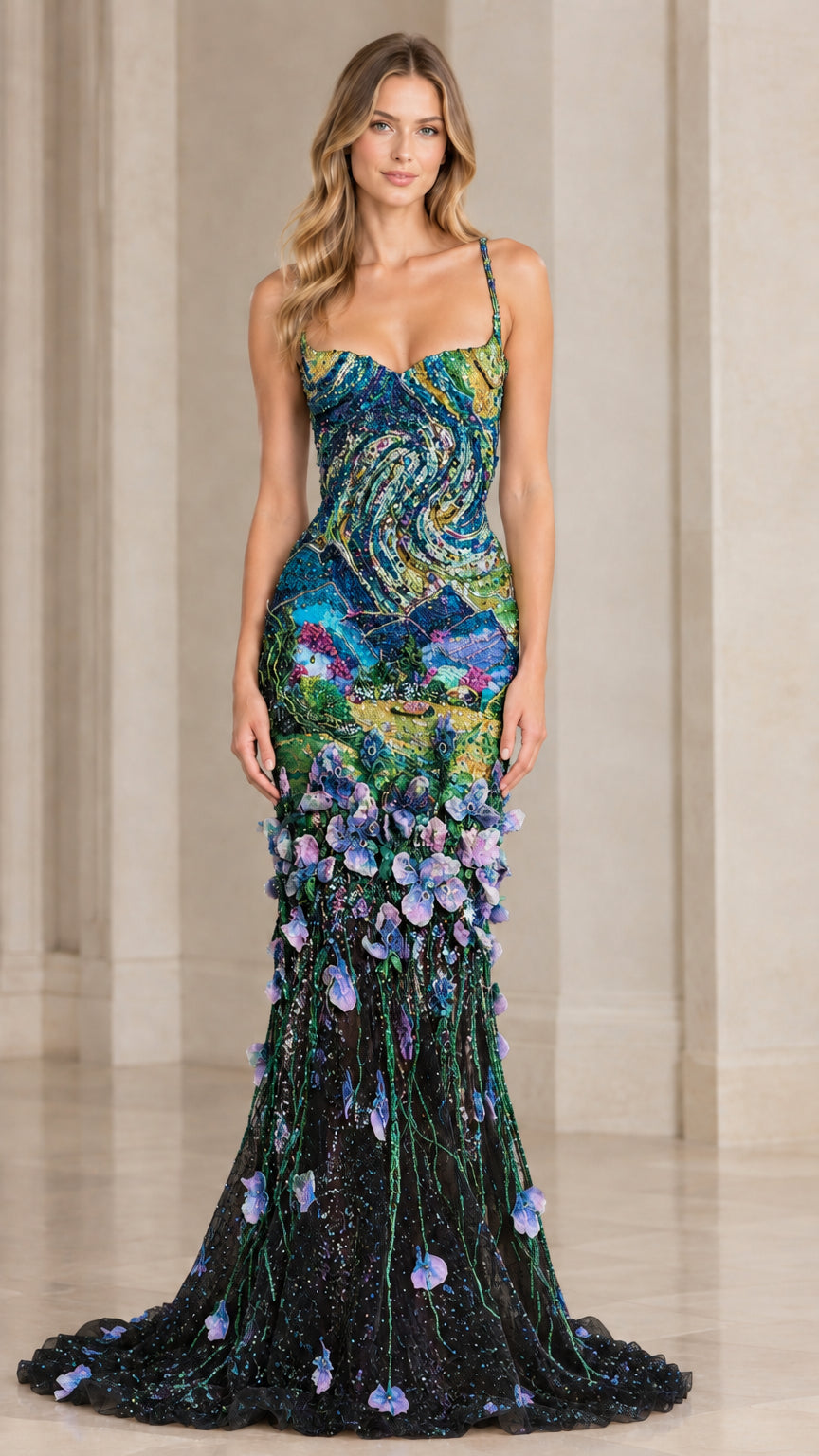 Midnight Blue beaded 3D floral mermaid formal dress - front view