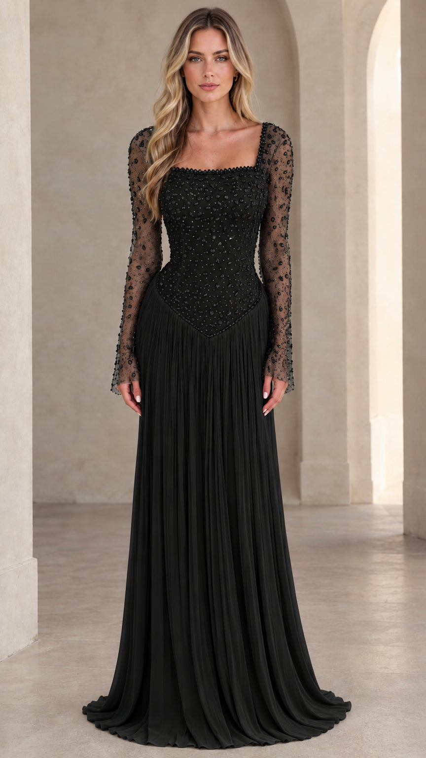 Front view of Black beaded long-sleeve formal evening gown