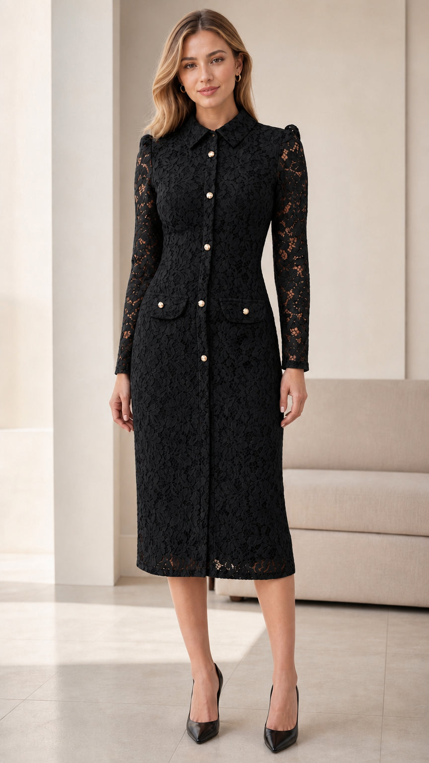 Full front view of black lace midi dress