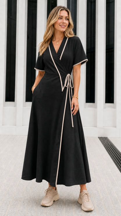 Model wearing Black wrap maxi dress with cream contrast trim