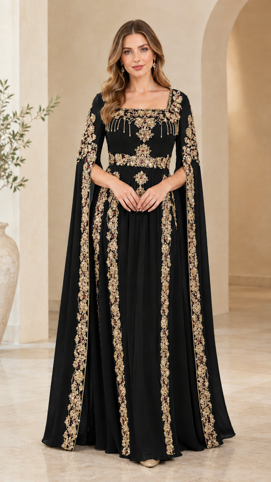 Front view of black embroidered cape sleeve formal maxi dress