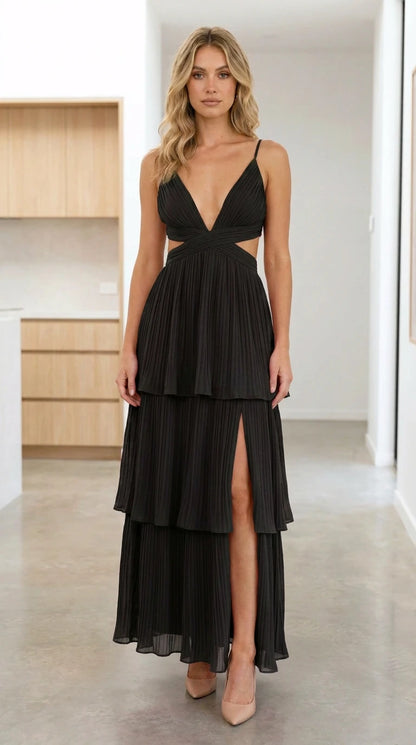 Front view of Black pleated tiered cutout maxi dress