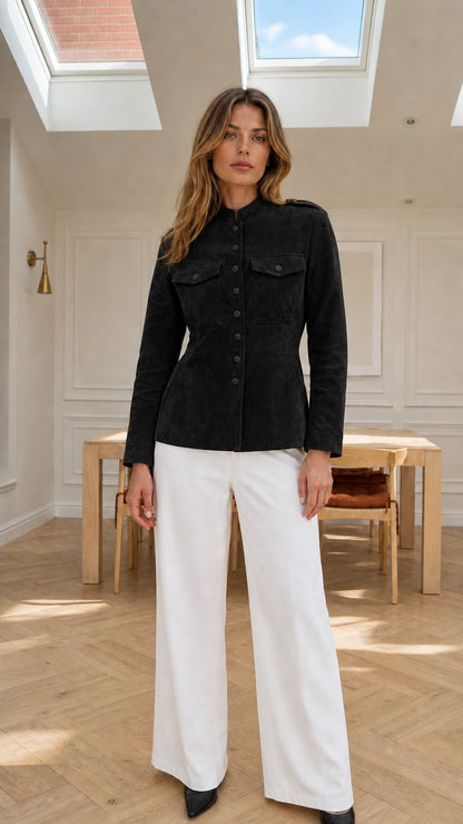 Model wearing black faux suede button-front stand collar tailored jacket