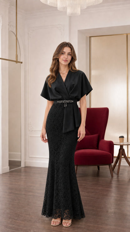 Full front view of elegant black draped v-neck lace mermaid evening gown