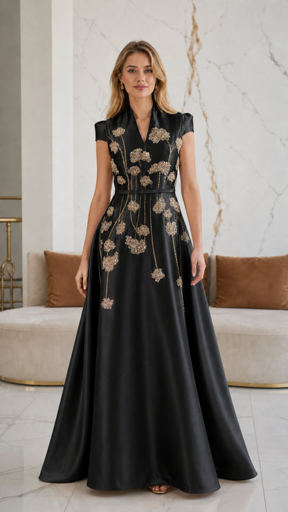 Model wearing black embroidered satin A-line evening dress
