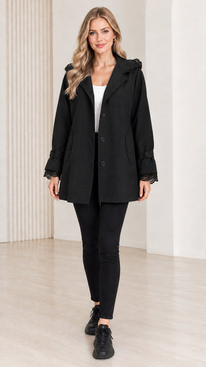 Women's black lace-trim hooded mid-length trench coat front view