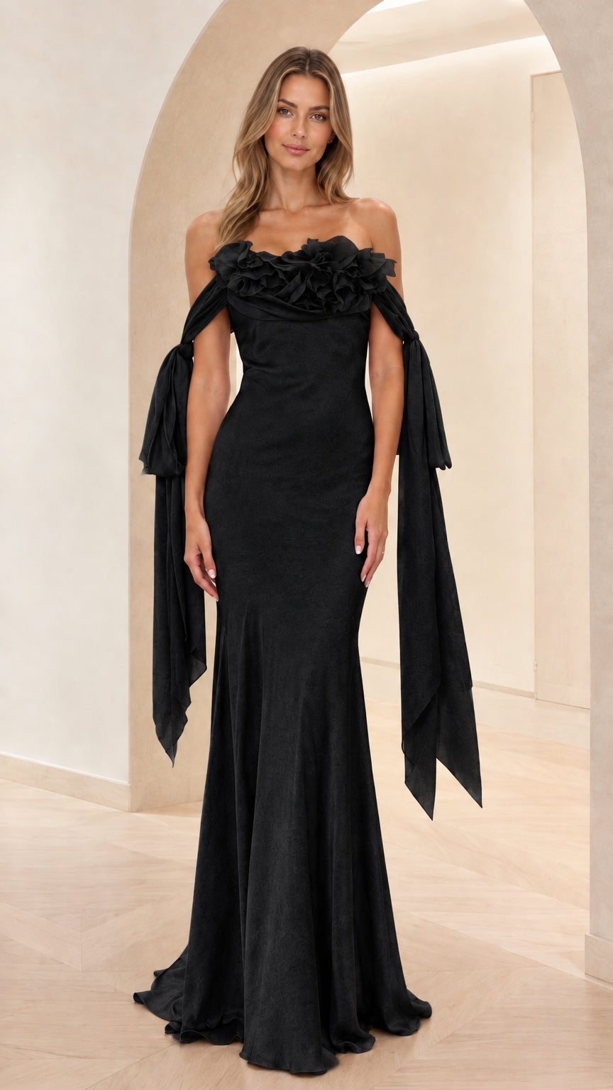 Black off-shoulder floral appliqué mermaid formal gown