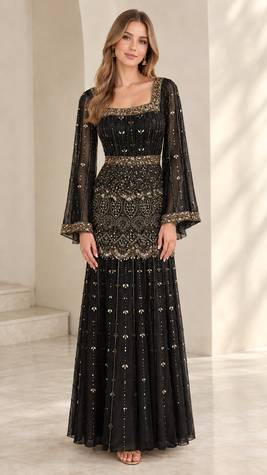 Model wearing black embellished square neck maxi dress with bell sleeves