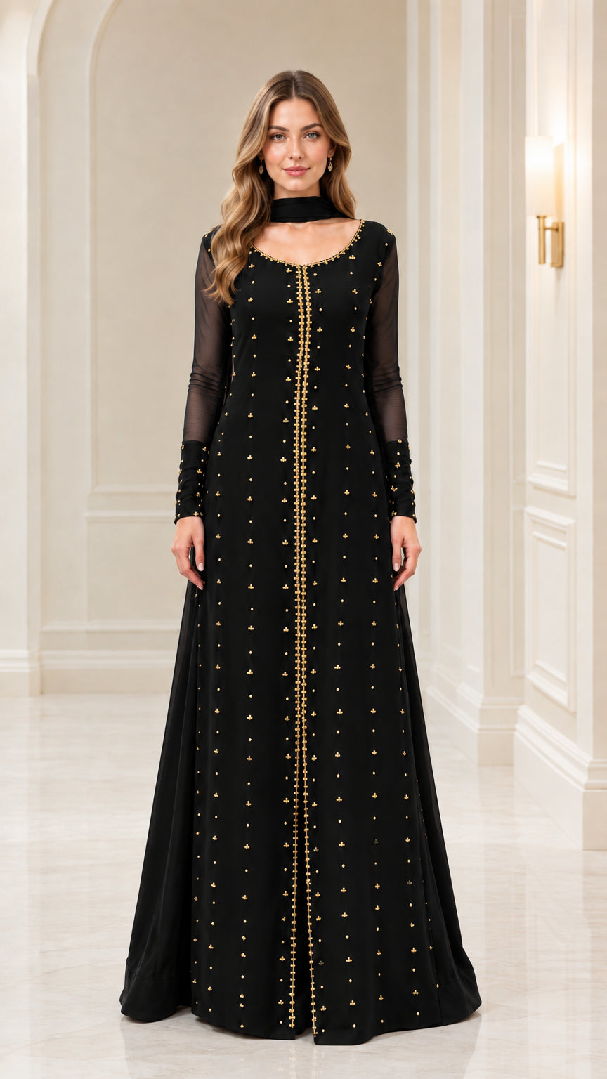 Black long sleeve embellished formal maxi dress
