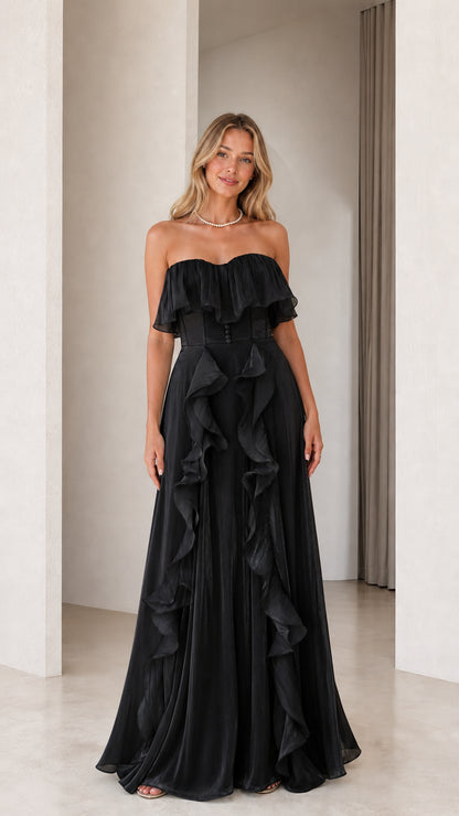 Front view of black strapless ruffled evening dress