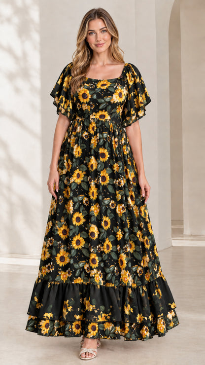 Full front view of black sunflower print square neck tiered maxi dress