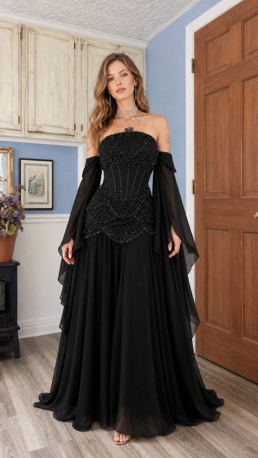 Black strapless beaded corset evening gown with draped chiffon sleeves