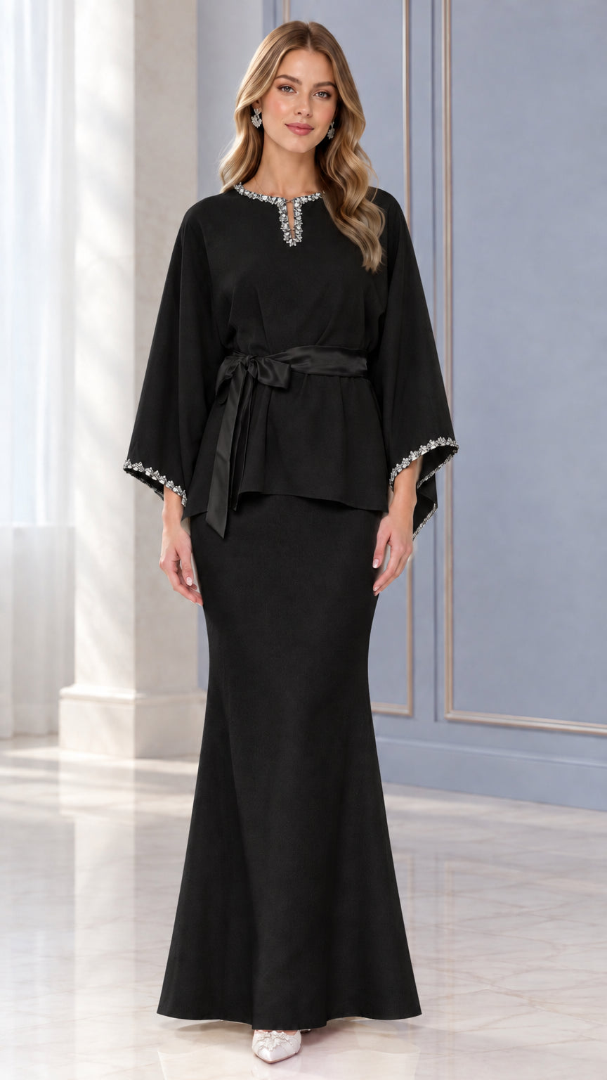 Full-length view of Black rhinestone embellished wide sleeve evening skirt set