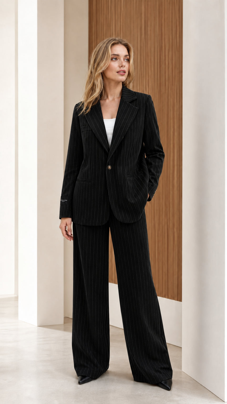 Model wearing black pinstripe tailored blazer and wide-leg trouser set