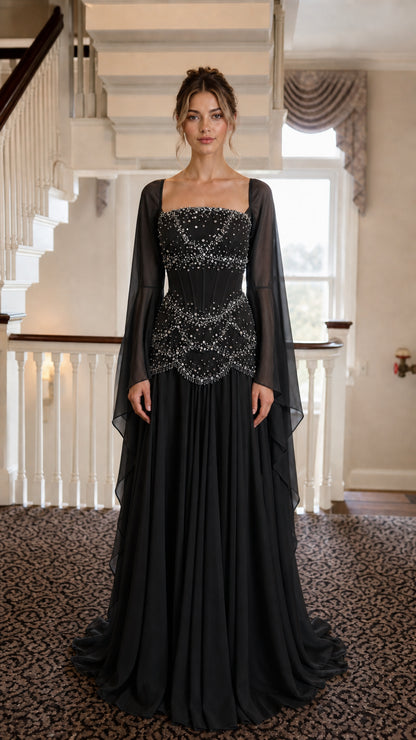 Front view of Black Beaded Corset Long Sleeve Maxi Gown