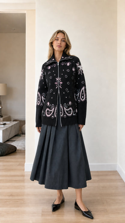 Black paisley jacquard zip-up knit cardigan jacket on model
