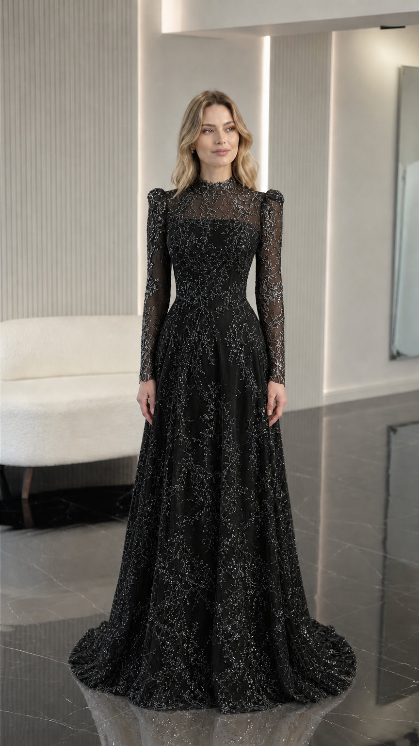 Black embroidered high neck long sleeve evening gown