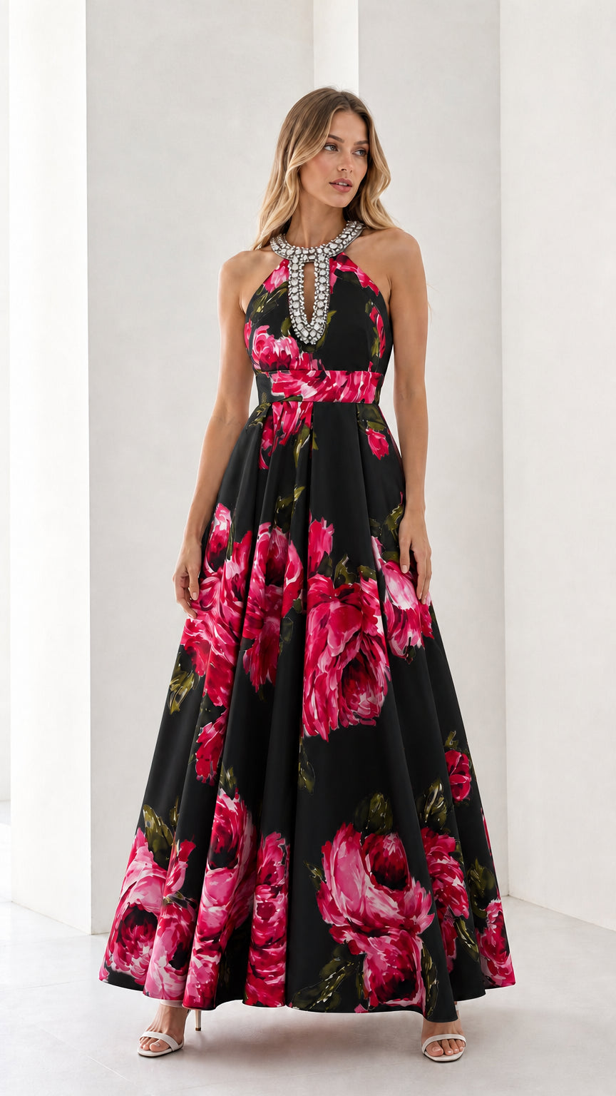 Woman wearing black floral long dress variant