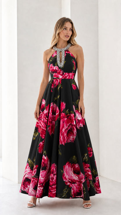 Woman wearing black floral long dress variant