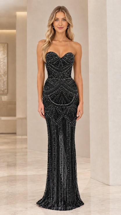 Front view of strapless sweetheart beaded mermaid evening gown in black