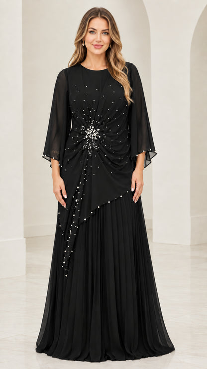 Front view of black beaded chiffon pleated maxi dress with 3/4 flutter sleeves