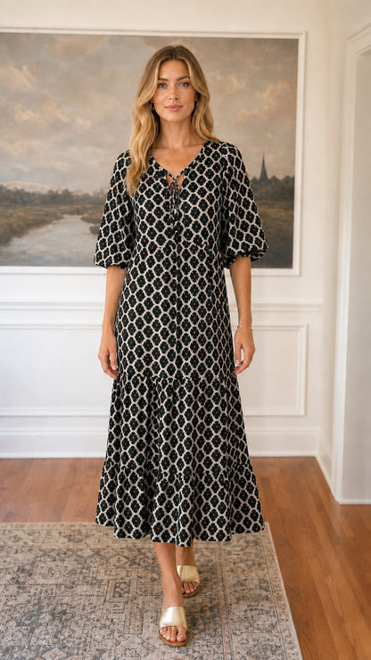 Front view of black floral tiered midi dress
