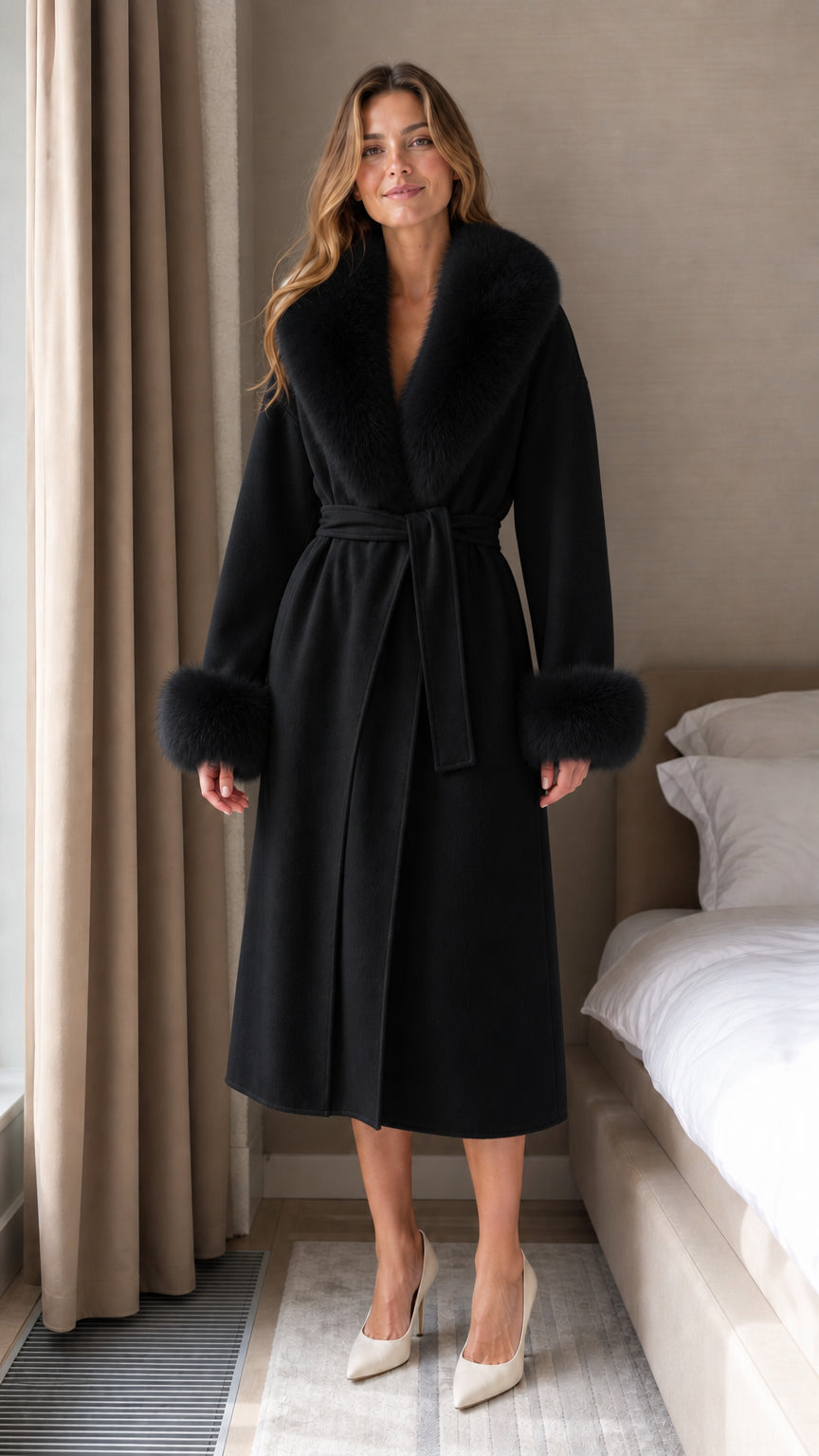 Front view of model wearing Black long wrap coat with black faux fur collar and cuffs