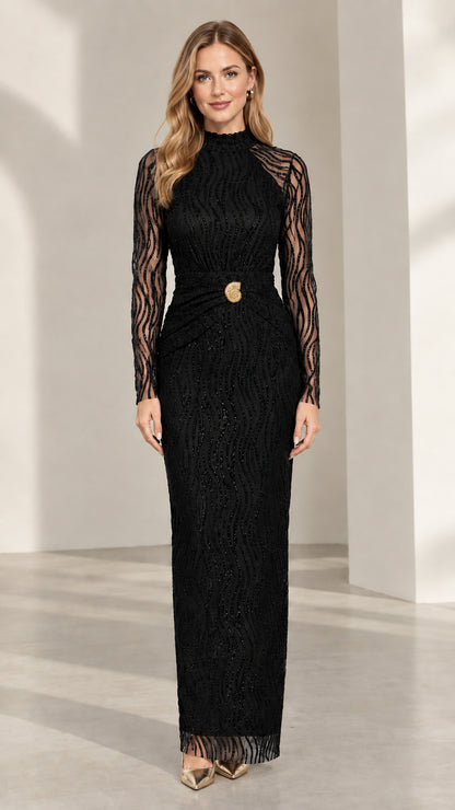 Black mock neck textured long sleeve column maxi dress front view