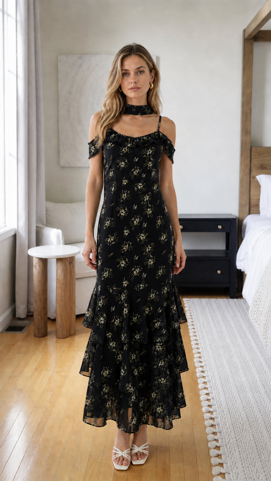 Model wearing black floral print choker neck tiered ruffle midi dress