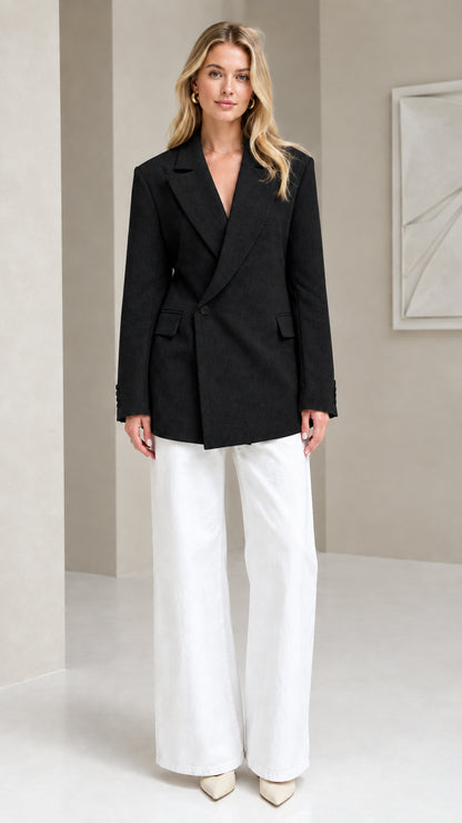 Black asymmetric tailored blazer for women with notch lapels