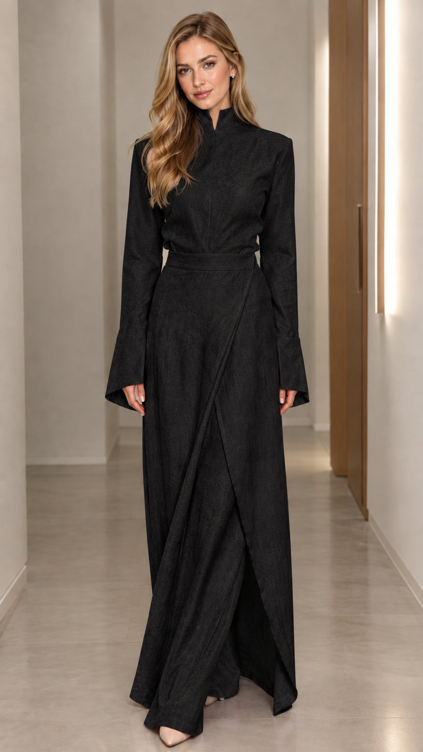 Front full view of woman wearing Black long sleeve mandarin collar wrap maxi dress