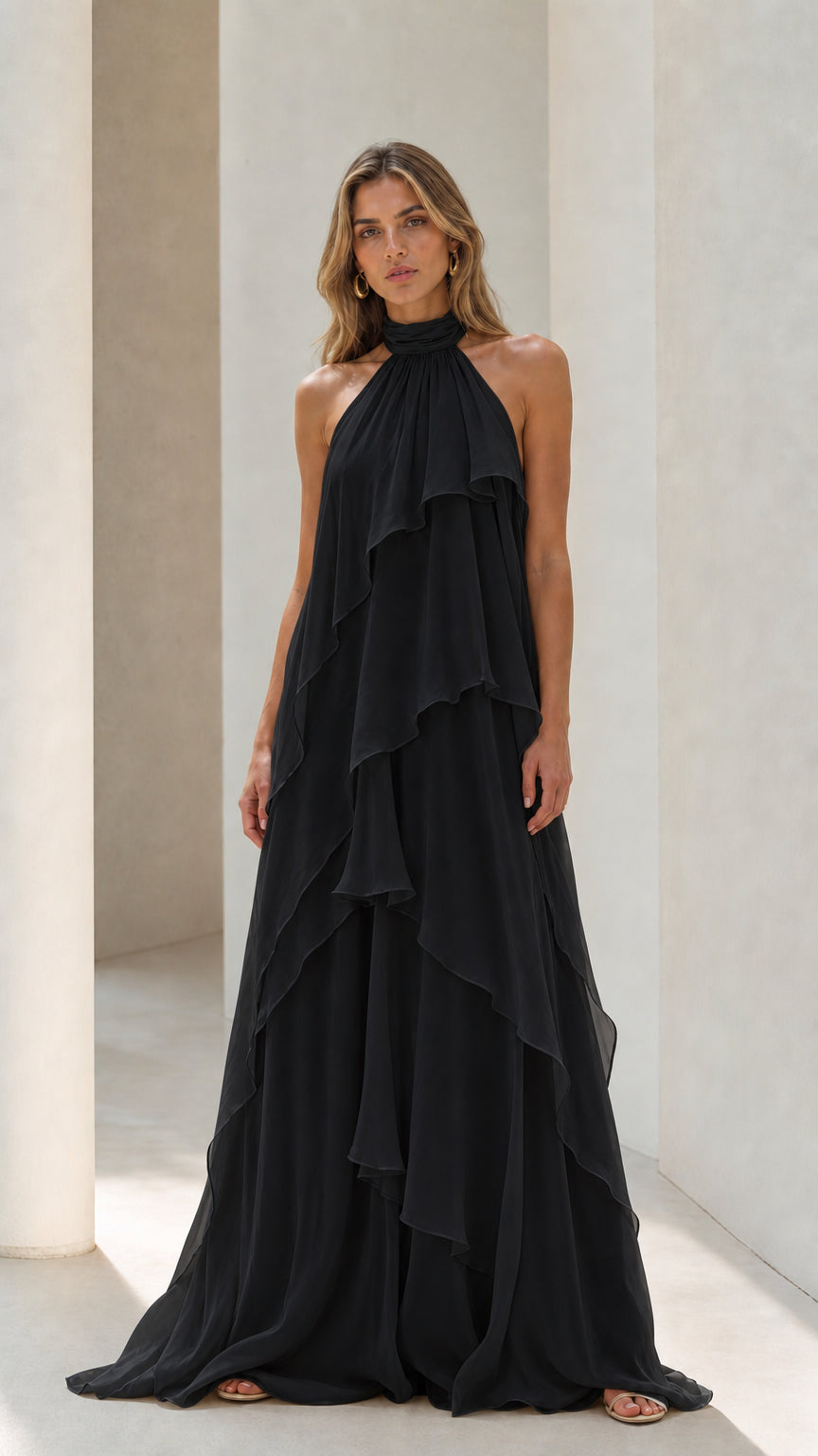 Black sleeveless tiered ruffle halter maxi evening dress