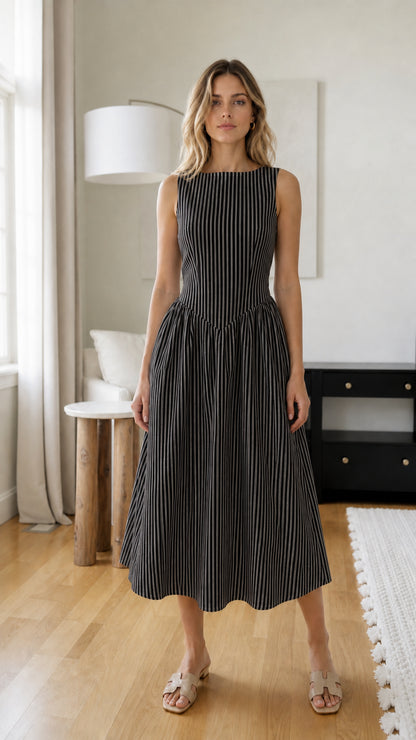 Front view of woman wearing black striped midi dress
