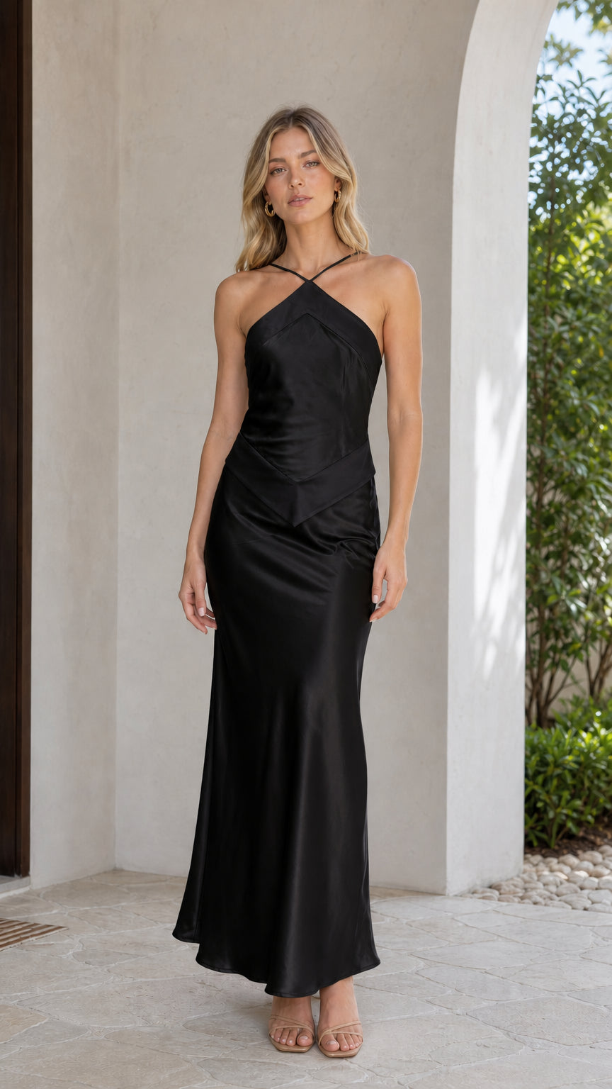 Front view of black satin halter maxi dress