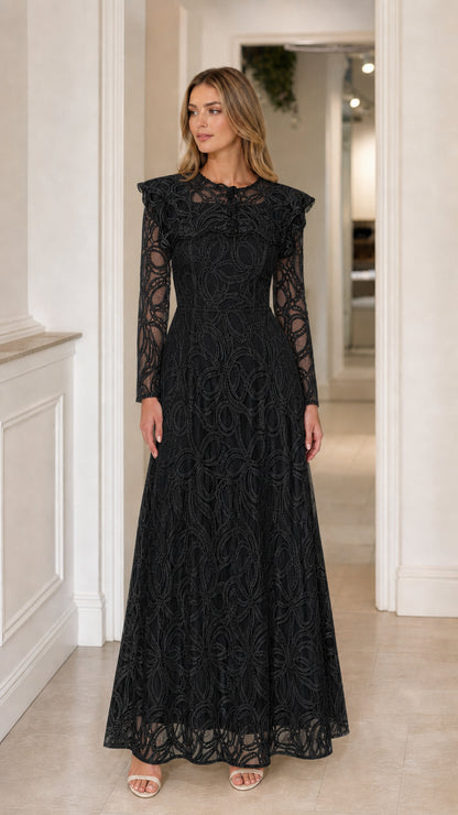 Front view of the Black Lace Capelet Maxi Dress