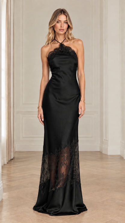 Black Halter Neck Backless Satin Maxi Dress with Sheer Lace Trim