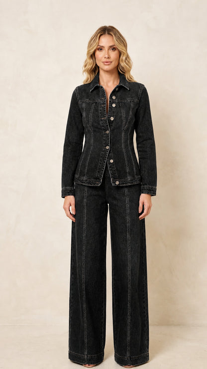 Front view of the women's black denim-style jacket and wide-leg pants set