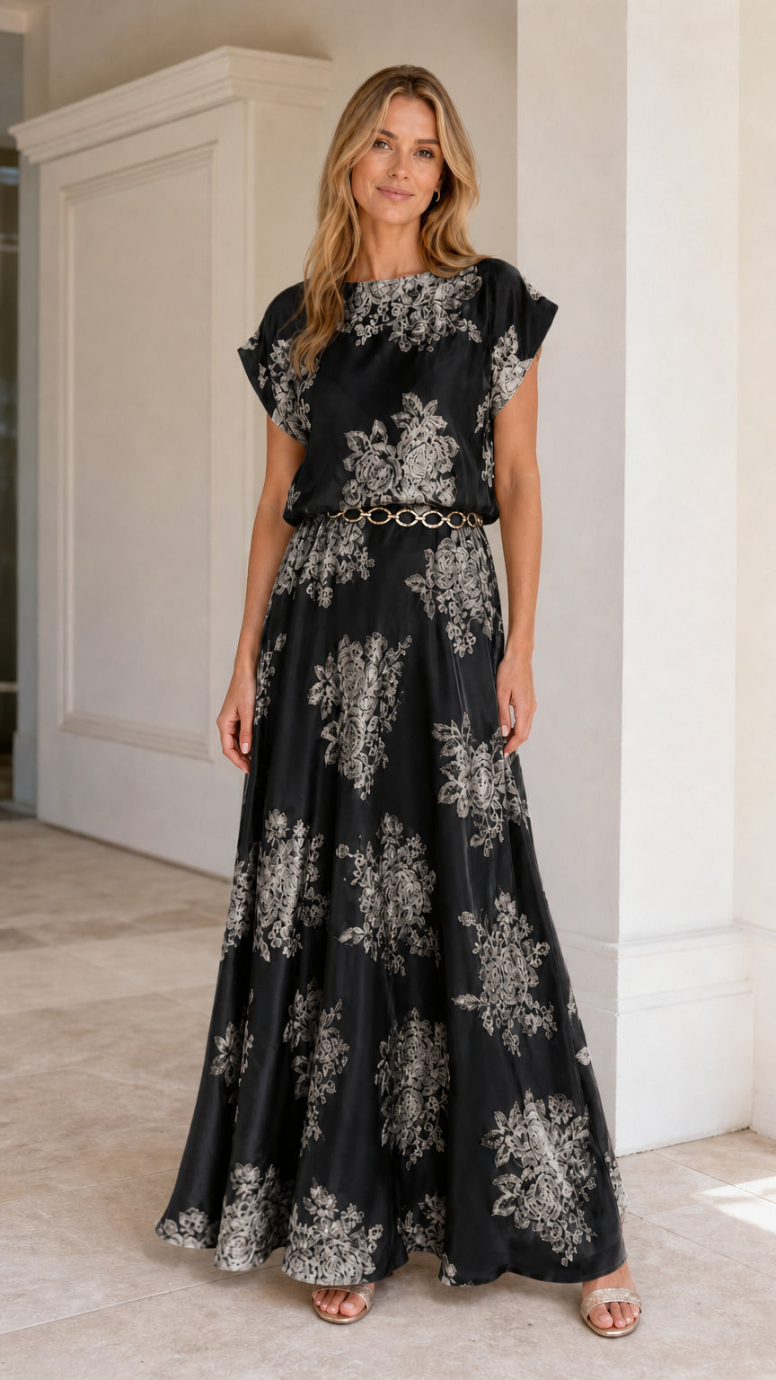Model wearing Black floral embroidered maxi dress