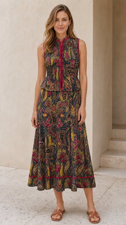 Front view of black multi paisley print midi dress