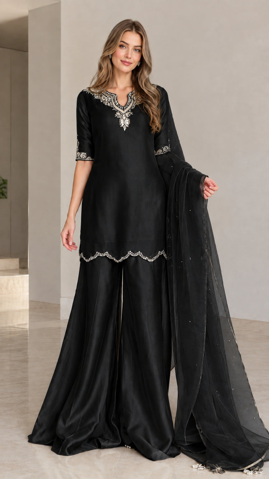 Model wearing black embellished kurta sharara 3-piece set with matching dupatta