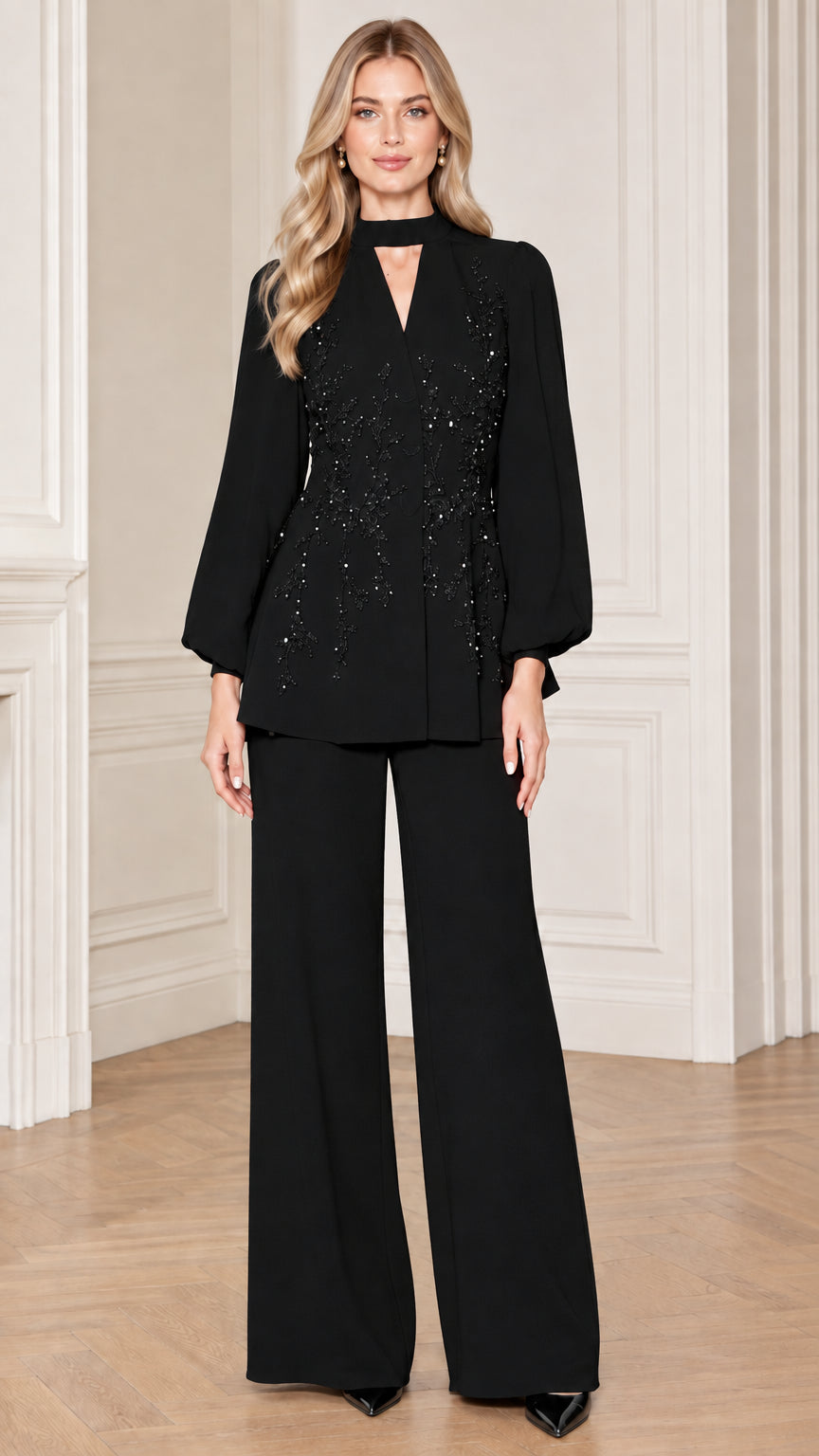 Black two-piece beaded formal evening pant suit front view