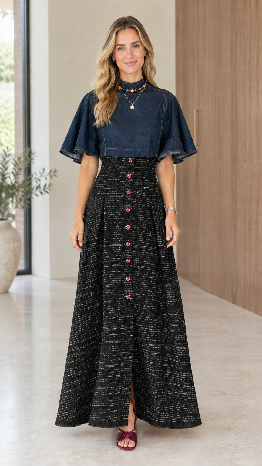 Model wearing black tweed skirt variant with dark blue flutter sleeve top
