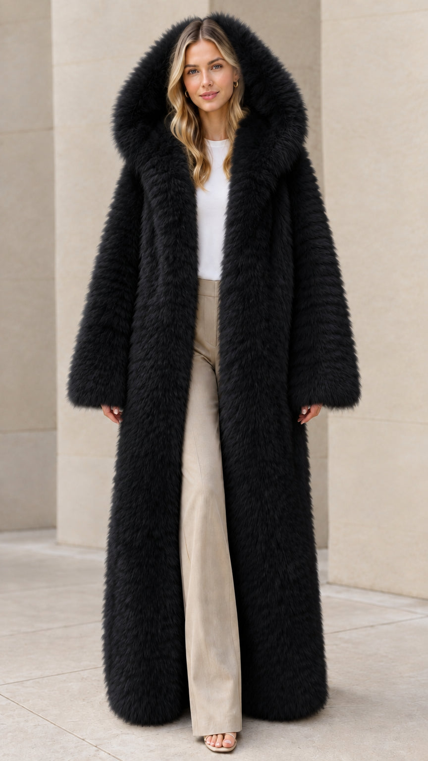 Women's black full-length hooded faux fur winter maxi coat