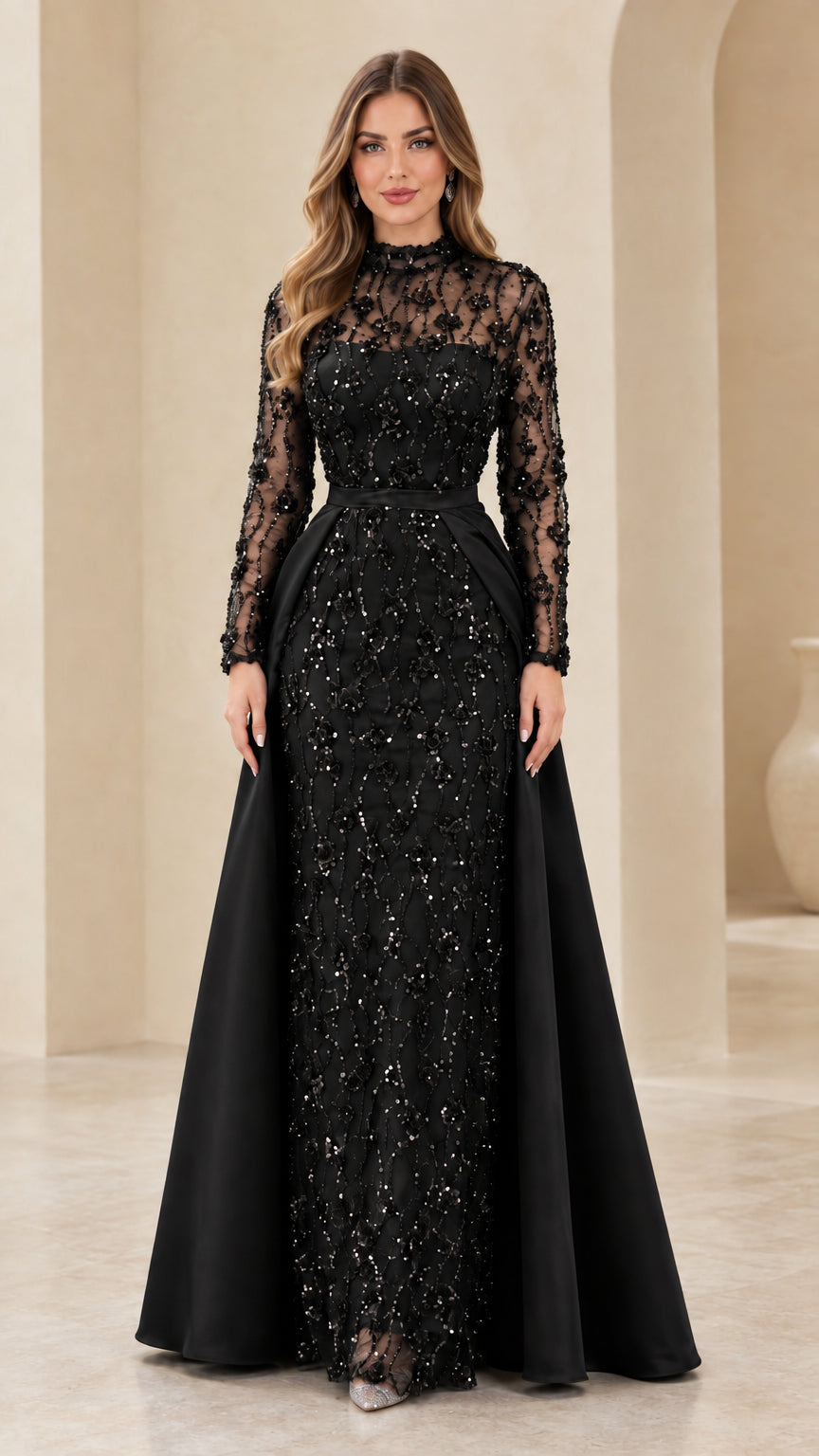 Black high neck sequin lace long sleeve evening gown with sweeping overskirt